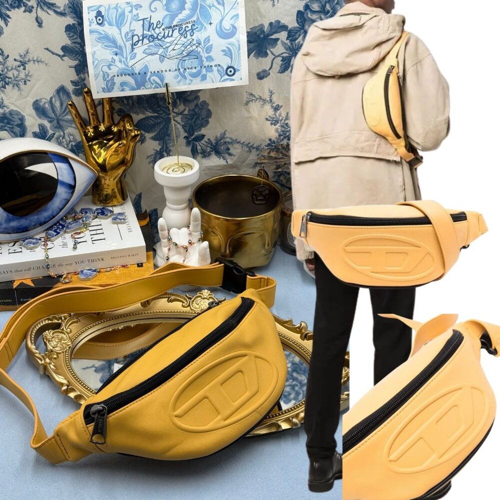 🆕 DIESEL 🧿 NWOT Embossed-Logo Belt Bag, Pale Yellow PU Vegan Leather